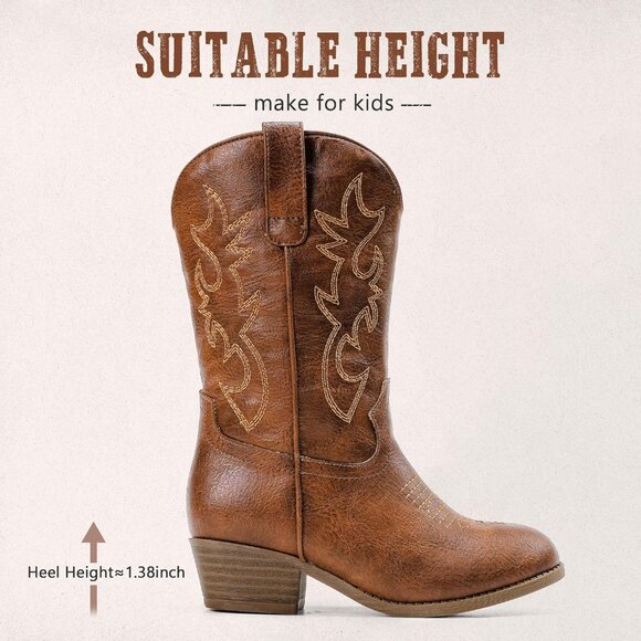 Kids Brown Cowboy Boots Pointed Toe Mid Calf Western Youth Horse Riding - Picture 4 of 7